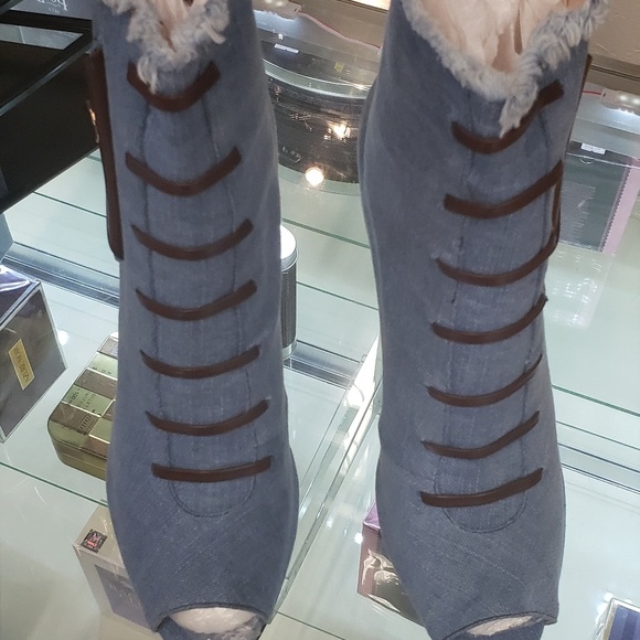 Light blue & Brown side pocket peeptoe Stilletto - Picture 3 of 4